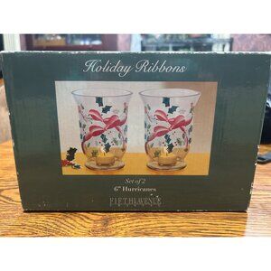 Holiday Ribbons 6" Glass Hurricane Candle Holders Set Of 2 Hand Painted Blown